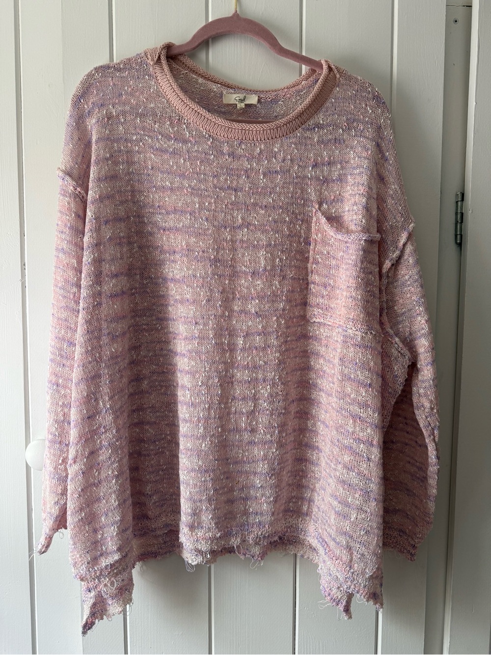 Cozy Pastel Pink Tweed Pocket Sweater